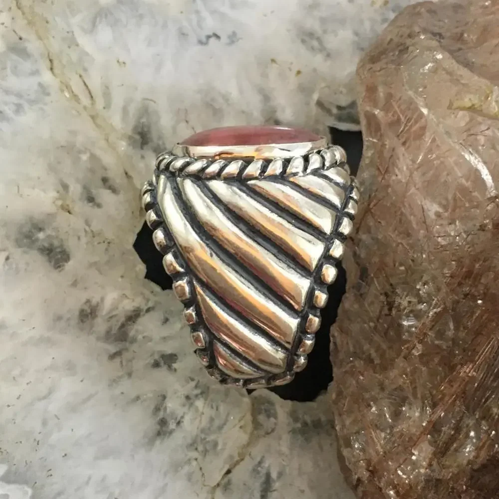 Carolyn Pollack Vintage Sterling Oval Rhodonite Decorated Unisex Shield Ring